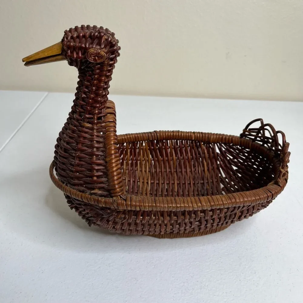 Vintage Brown Rattan Wicker Duck Basket Woven Wood Bird Farmhouse Decor Boho